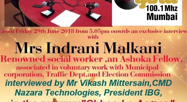 Mr. Vikash Mittersain, President of India Business Group in conversation with Mrs. Indrani Malkani, Renowned Social Worker, an #Ashoka Fellow associated in voluntary work with #Municipal #Corporation, #Traffic Dept. & #Election Commission
